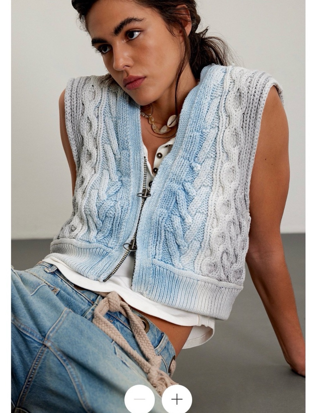 We The Free Cable-Knit Light Blue Zip Front V-Neck Sweater Vest S
